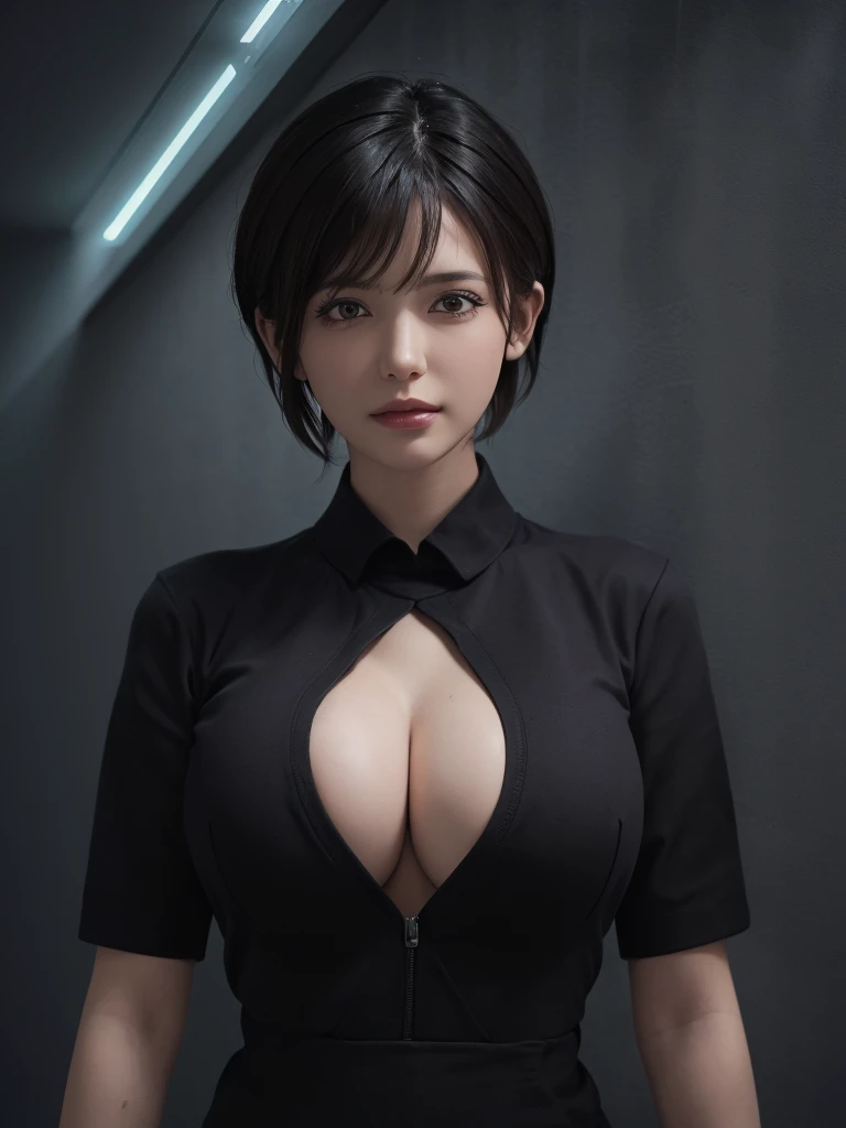 (masterpiece:1.3), (8K, Realistic, RAW Photos, Highest quality: 1.4), (One girl), Beautiful Face, (Realistic Face), (Black Hair, short hair:1.3), Beautiful hairstyle, Realistic eyes, Beautiful attention to detail, (Realistic Skin), Beautiful Skin, Absurd, Charm, Ultra-high resolution, Ultra-realistic, Very detailed, Golden Ratio,(Huge boobs: 1.2), One girl, Black suit, Dynamic Lighting, In the Dark, Deep Shadow, Modest, Full body shot of a cowboy