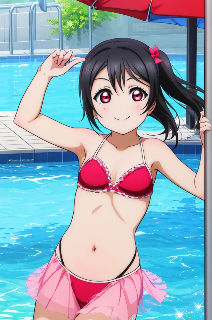 (((pixel-perfect, detail-perfect))), solo, 1girl, Nico yazawa, eyes red, smile, pool, bikini, armpit, flat filesize, ultra High Qality