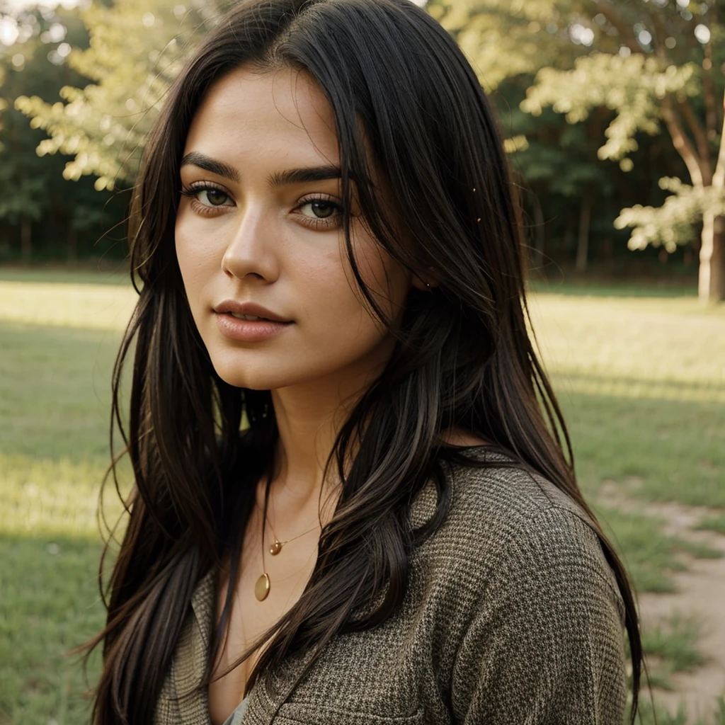 A photorealistic portrait of a 21-year-old colombian girl with long, flowing dark hair and striking dark eyes. She should have a natural, approachable expression and be illuminated by soft, golden-hour sunlight. The background should be a scenic outdoor setting, perhaps a sunlit park or beach. Capture this image with a high-resolution photograph using an 85mm lens for a flattering perspective.