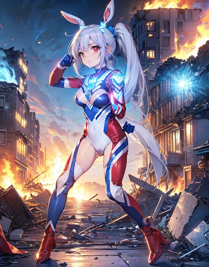 Realistic,Highest quality, Ultra Detail, High-quality CG rendering, The most delicate and beautiful, Floating softly, High resolution, (1 giant girl), (Highest quality,4K,8K,masterpiece:1.2), Light purple hair,(Bunny ears:1.5),(Very long ponytail:1.5),Red eyes,(Ultra Girl:1.0),(All blue Ultraman bodysuit:1.5),(All blue gloves:1.5),(All blue shoes:1.5),(Do not expose your skin:1.4),(Slightly larger breasts:1.5),(Clenched Fist:1.2),(Place your hands in front of your chest:1.3),(Red gloves:1.3),(Red Shoes:1.3),(whole body:1.3),(Are standing:1.3),(A city engulfed in flames:1.3),(Buildings in flames:1.3),(Burning Ruins:1.3),(Fighting Pose:1.3),(Turn your back to your audience:1.3),Butt