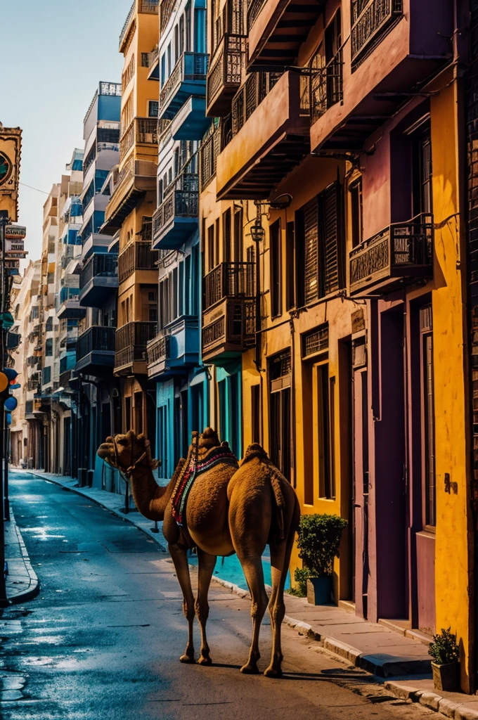 A camel with dark glasses walking and glowing through a city full of RGB colored buildings