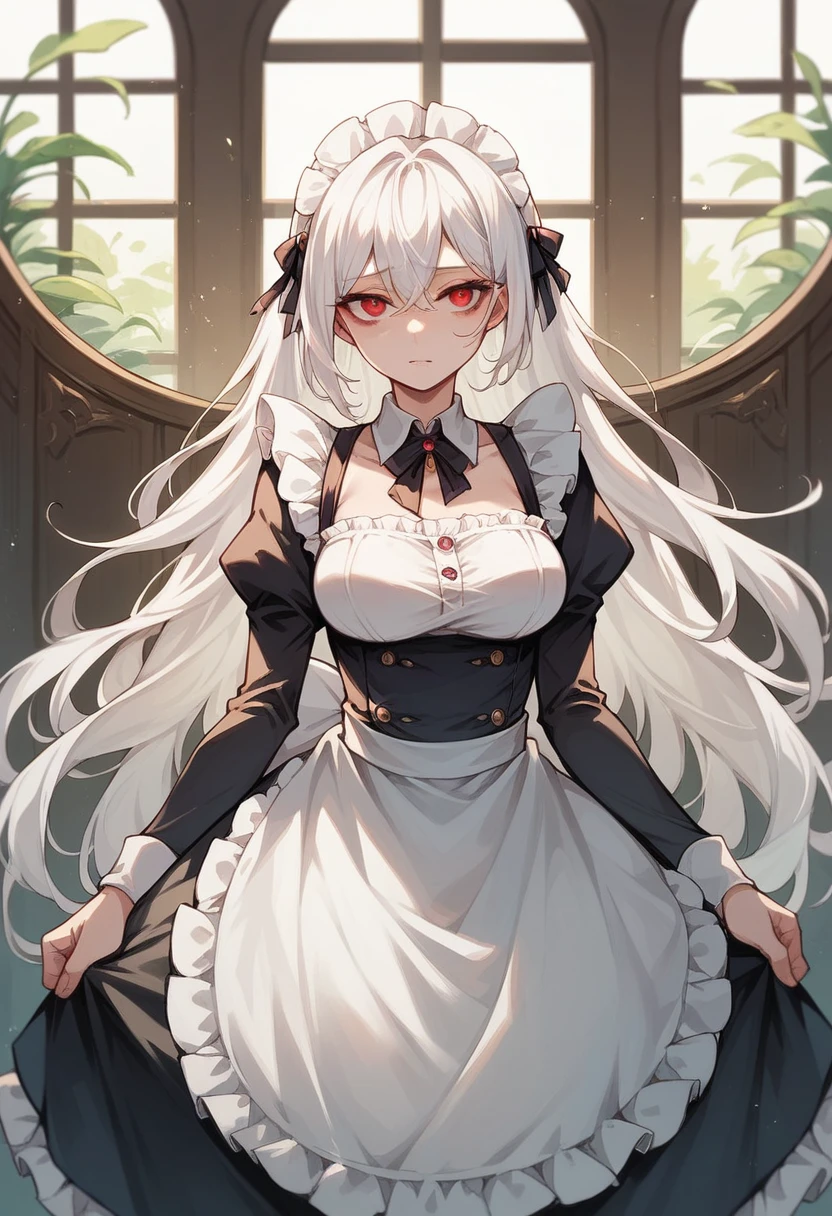 Long white hair　Red eyes　Maid clothes　