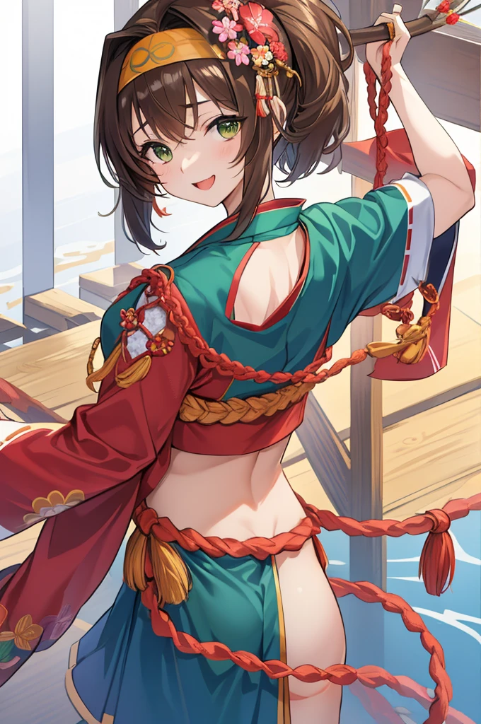 masterpiece、High resolution、Highest quality、1 girl、natsuiro matsuri、Festival Base、Back view、Brown Hair、High ponytail、Round green eyes、short hair、Headband、Bleaching、Loincloth、Blue Japanese traditional mikoshi costume、Open、smile、front、