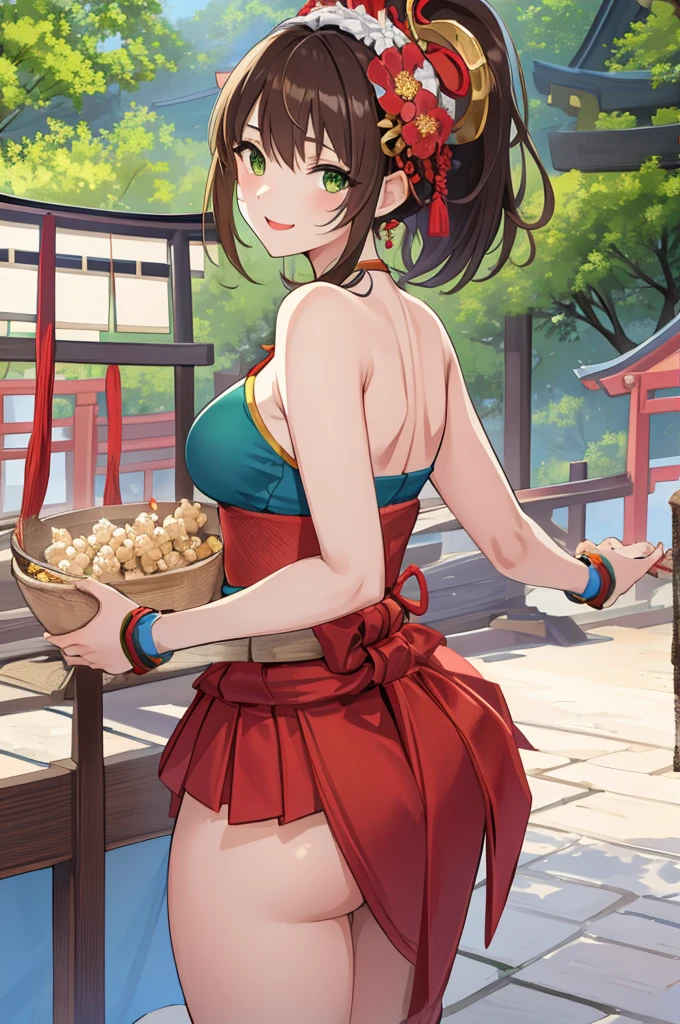 masterpiece、High resolution、Highest quality、1 girl、natsuiro matsuri、Festival Base、Back view、Brown Hair、High ponytail、Round green eyes、short hair、Headband、Bleaching、Loincloth、Blue Japanese traditional mikoshi costume、Open、smile、front、