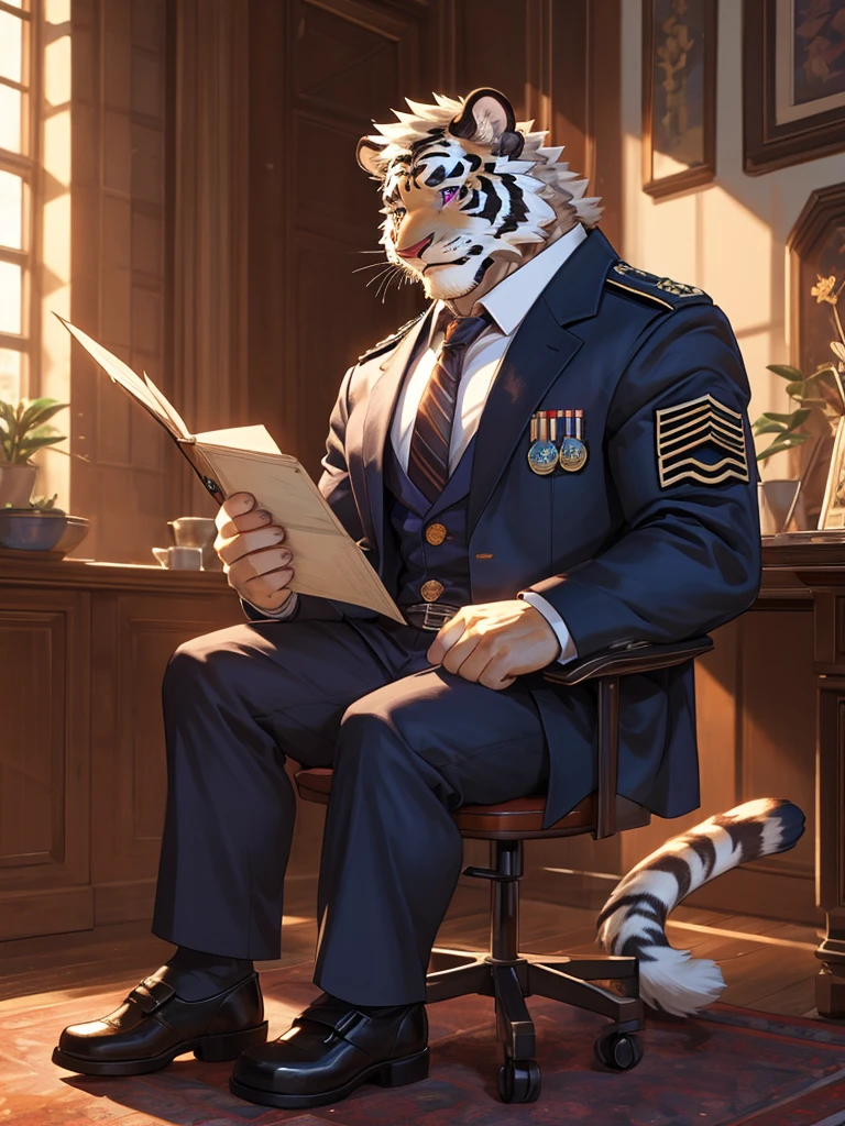 {{bara extremely handsome white tiger,}} {{white fur,}} white, wearing military like purple trench coat purple trousers and white dress shirt and necktie, white fluffy furry body and limbs, loafers, very tall, very broad shoulders, narrow waist, muscular arms, massive pecs, purple eyes, very long legs, sitting on swivel chair with legs spread, reading file, sophisticated smart look, full body, sunlight casting over, 3/4 view, best quality, high quality, silver earring on left ear, dead stare, cold expression