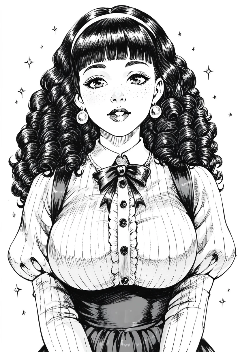score_9, score_8_up, score_7_up, 1girl, sp1t, abundant detailed hatching shading, monochrome, big breasts, facing viewer, cozy outfit, white background, earring, cute expression, curly hair, blunt bangs