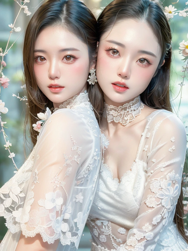 Realistic photos (one cute korean actress) Straight long hair, light makeup, (((Transparent white skin 1.5)))Medium chest,, close, Canon EOS 8K high resolution captures facial features clearly, Sharp details, Realistically、White lace dress、
