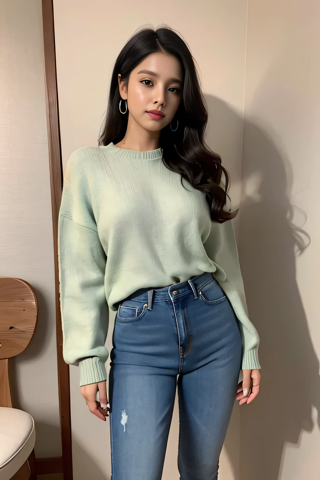 (masterpiece:1.2, best quality), 1lady, solo, upper body, big tits, Dark wash skinny jeans, oversized sweater, ankle boots, Loose waves, center part, simple hoop earrings, green Park