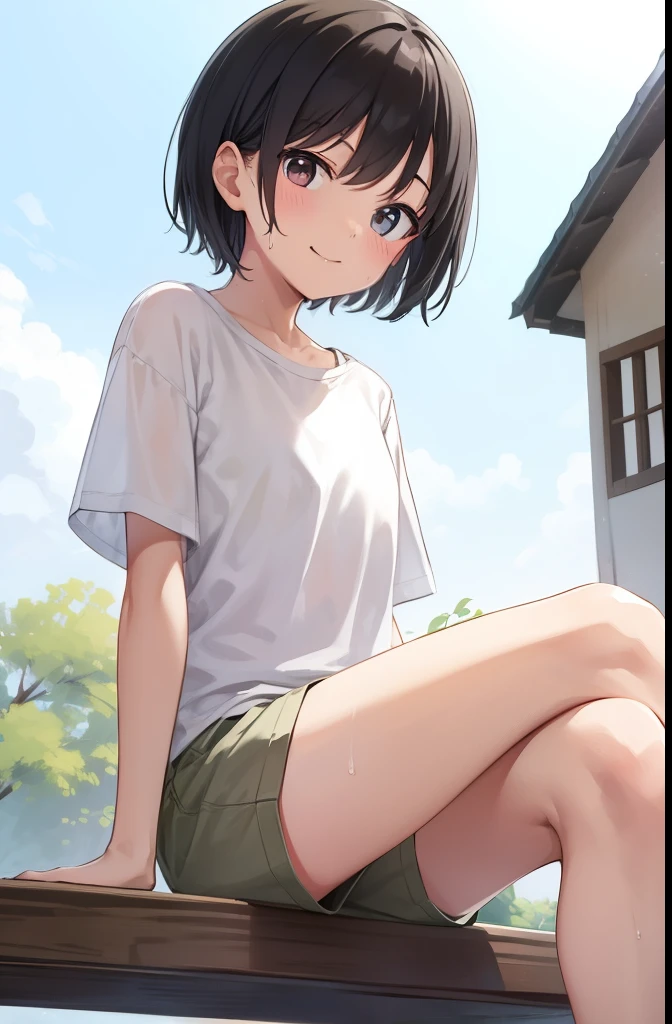 Residential Street,smile,Sitting with legs crossed,close ~ eye,One ,Two-block shorthair,Black Hair,blush,White T-shirt,Olive green shorts,Brown Sandals,White skin,summer,From below,shy,Sweat,茶色のeye,Cowboy Shot