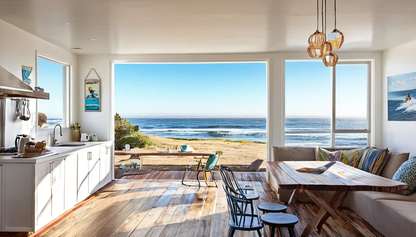 Describe a typical kitchen in a house on the American West Coast, near the ocean. The room has a large window facing the sea. The walls are made of wood and feature a wood deck flooring. There is a coffee cup sitting on a surface. The room has a surfboard-inspired interior design. There is a poster of the sea on the wall. The furniture includes a white cushion and a hanging pendant light. The ambiance is bright and sunny, similar to a morning with an emphasis on extreme detail. Please imagine the scene at a resolution of 16k and depict it as beautiful and visually appealing.