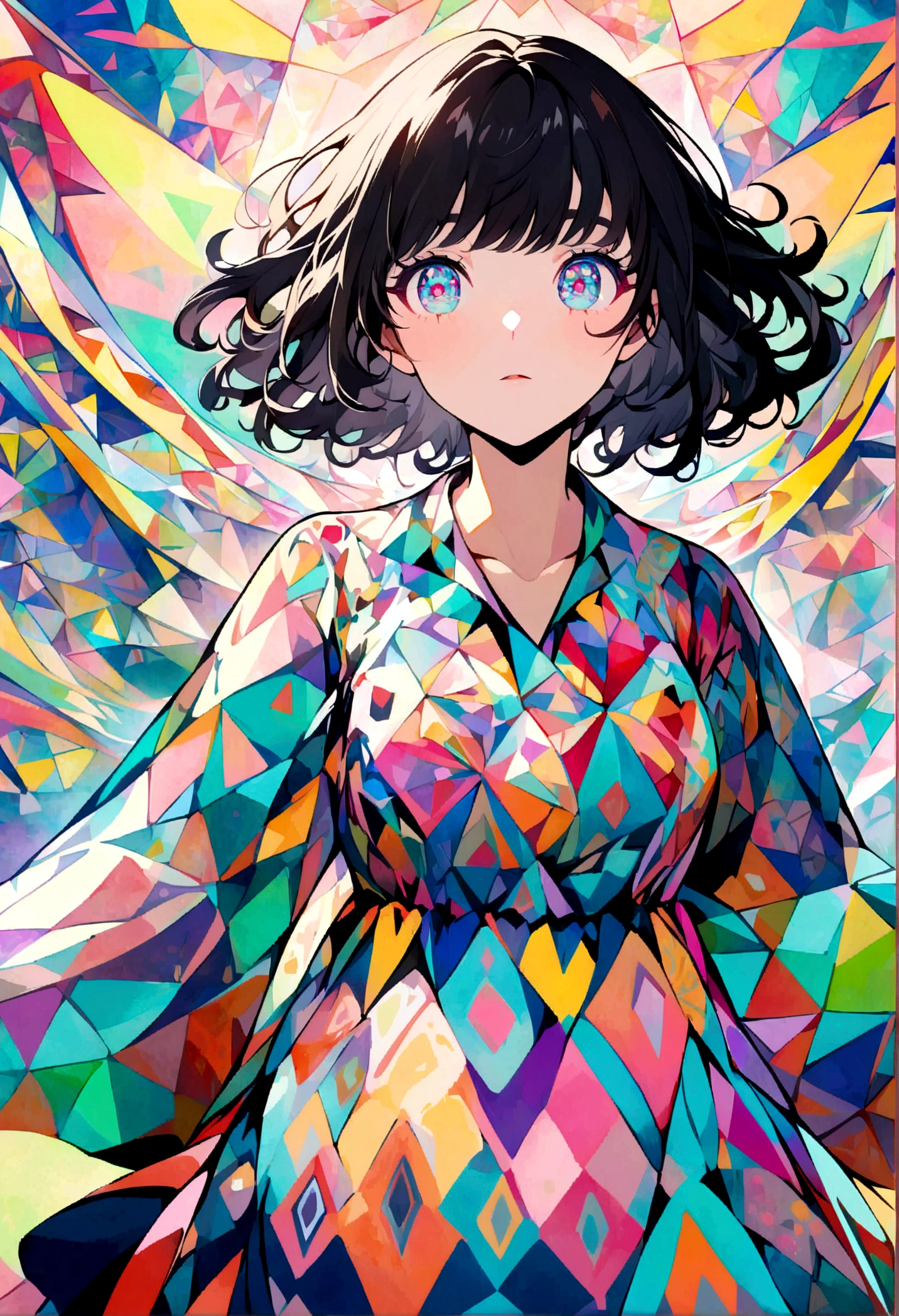 An intricate anime-style illustration of a girl with dark hair and large, expressive eyes. She is wearing a highly detailed, colorful dress with geometric and floral patterns. The background features abstract, pastel-colored shapes and lines, creating a modern and artistic atmosphere