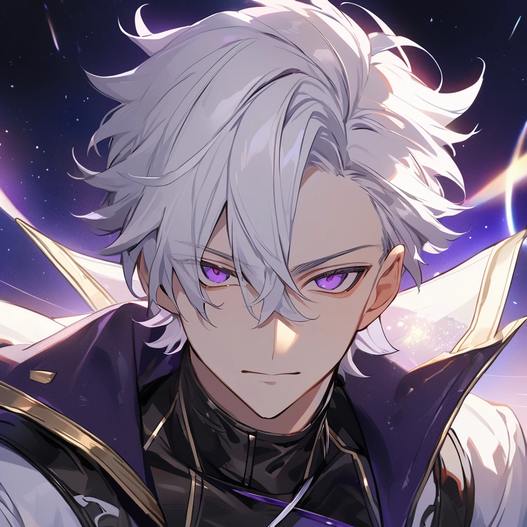 High quality, HD, 4k, no shadows, handsome male, 1male, , teenager, go lining, short white hair, sharp eyes, dark purple eyes, deep purple eyes, devil may cry, close up, calm expression, stoic expression, black leather clothes, white leather clothing, lean body, well trained body, upper body, looking at viewer, cowboy shot, white solar, space background