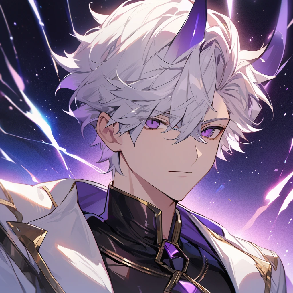 High quality, HD, 4k, no shadows, handsome male, 1male, 17 years old, teenager, golden lining, short white hair, sharp eyes, dark purple eyes, deep purple eyes, devil may cry, close up, calm expression, stoic expression, black leather clothes, white leather clothing, lean body, well trained body, upper body, looking at viewer, cowboy shot, white solar, space background