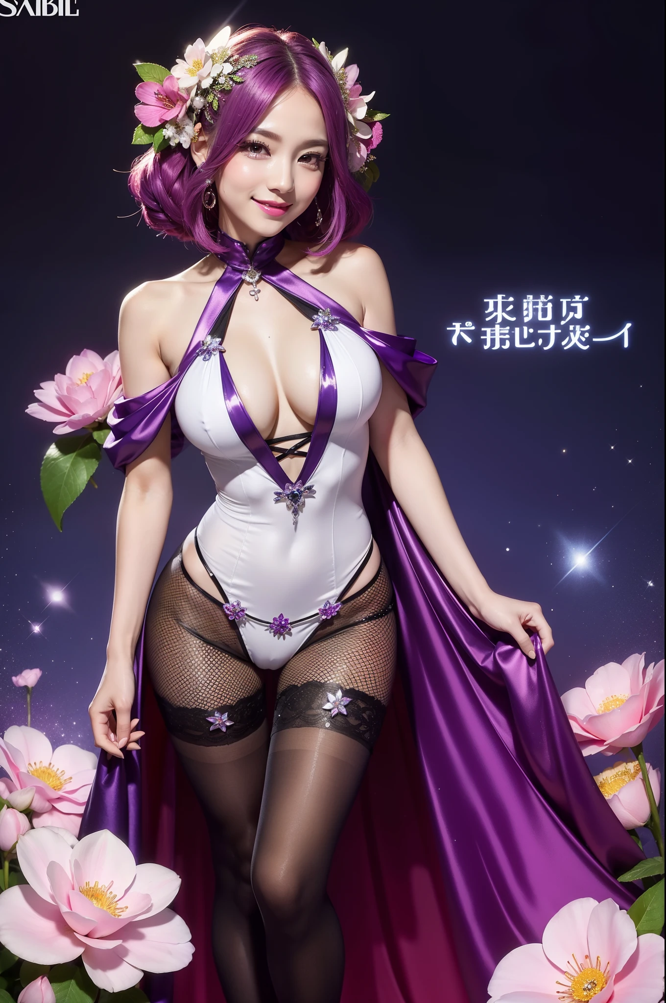 sexy woman who controls poison、smiling face、lipgloss、intense makeup、look at the camera、full body Esbian、、sparkling poisoned flower costume、、、、sparkling Colorful hair、secrete poison、skull hair accessories, detailed tights、shiny sparkling flowers background