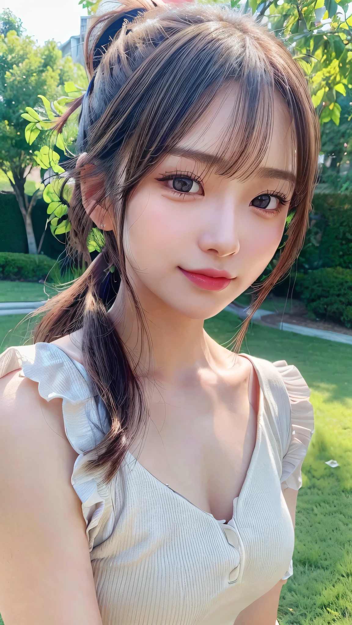 One piece with collar,outdoors,Urban Park,On the lawn,Ultra-detailed, finely detail, hight resolution, 8K Wallpaper, Perfect dynamic composition, Beautiful detailed eyes,Outdoor,Close-up of face,Outdoor,Blushing,Facing forward,,Long hair ponytail,((8k, Raw photo, Best Quality, Mastepiece:1.2), (Realism, Photorealistic:1.4), (Highly detailed 8K wallpapers), Depth of written boundary, Cinematic Lighting, Soft Light, Detailed Beauty Eye,Shiny and smooth light brown ponytail, Asymmetrical bangs, Shiny skin, Ultra-detailed skins ,It is high resolution., High detail, Detailed hairstyle, Detailed facial beauty, Hyper-realistic, Perfect limbs, Perfect Anatomy ,1 Japanese girl,Famous Japanese Idols, Perfect female body,A shy smile,Short eyelashes,Double-edged eyelids,Look straight here,Hair style: ponytail,