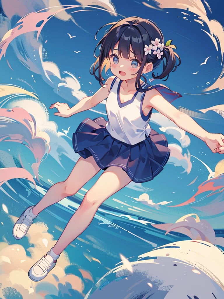 Highest quality、High resolution、Detailed Background、(Beautiful face in every detail:1.4)、Anatomically correct、(Detailed facial expressions)、(fine grain:1.2)、 (aerial view:1.5), Teenage Beauty、Cute hair color、Braided Ponytail、Braided bob cut、Braided twin tails、Lower grade primary school students, (Tank top、Vneck、mini skirt、Cute Shoes)、Perfect body line、Falling from a plane:1.5, (I have tears in my eyes:1.5、Screaming and looking like she's about to cry)、Strong winds、Flowing Clouds、Sunlight