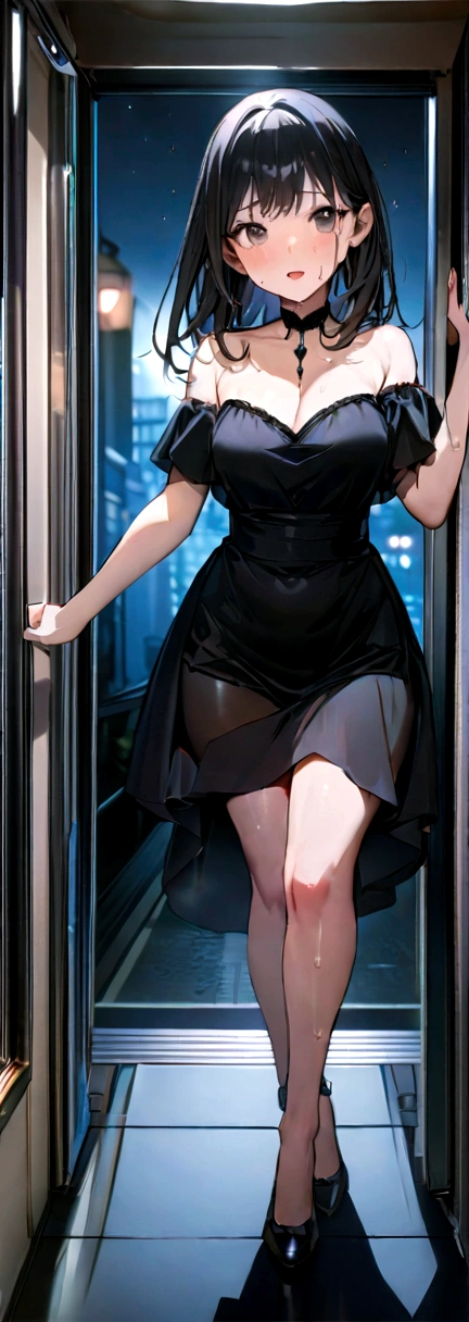 (8k, RAW photo、highest quality、masterpiece:1.2), Masterpiece, best quality, high resolution, very detailed, detailed background, 1 girl, looking at the audience, standing on the elevator, inside the train, posing pose,  off-the-shoulder dress, skirt, transparent, happy, (steam),((sweat))、The temptress、invite to lewdness、(night:1.6)