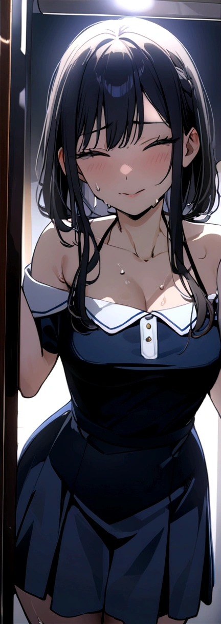 20 years old,1 girl, extremely thick thighs, hyperrealistic, 8k, (extremely detailed 8k), (very delicate and beautiful), (masterpiece), (better quality:1.0), (ultra high resolution:1.0), (masterpiece, best quality), cute,black hair,gothic ta,leaning forward,ponytail,upper body,POV