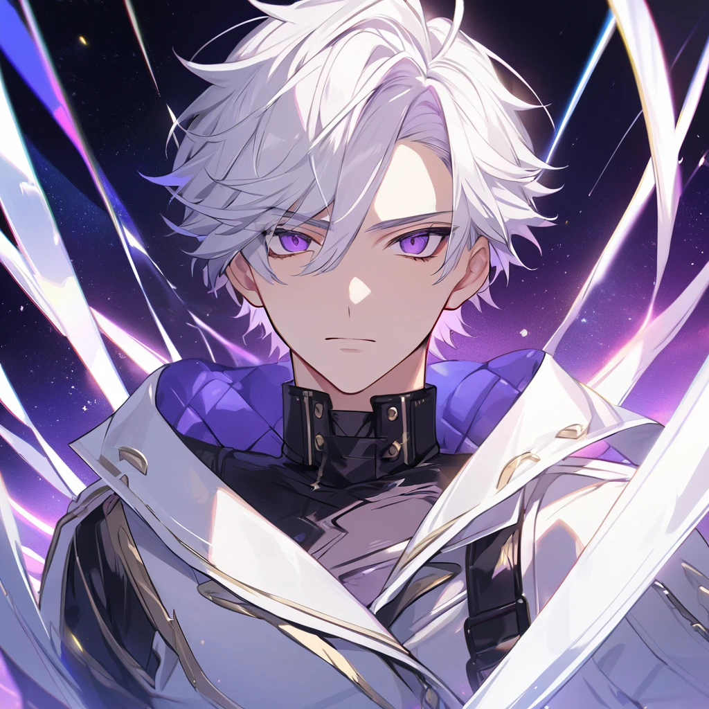 High quality, HD, 4k, no shadows, handsome male, 1male, 17 years old, teenager, golden lining, short white hair, sharp eyes, dark purple eyes, deep purple eyes, devil may cry, close up, calm expression, stoic expression, black leather clothes, white leather clothing, lean body, well trained body, upper body, looking at viewer, cowboy shot, white solar, space background
