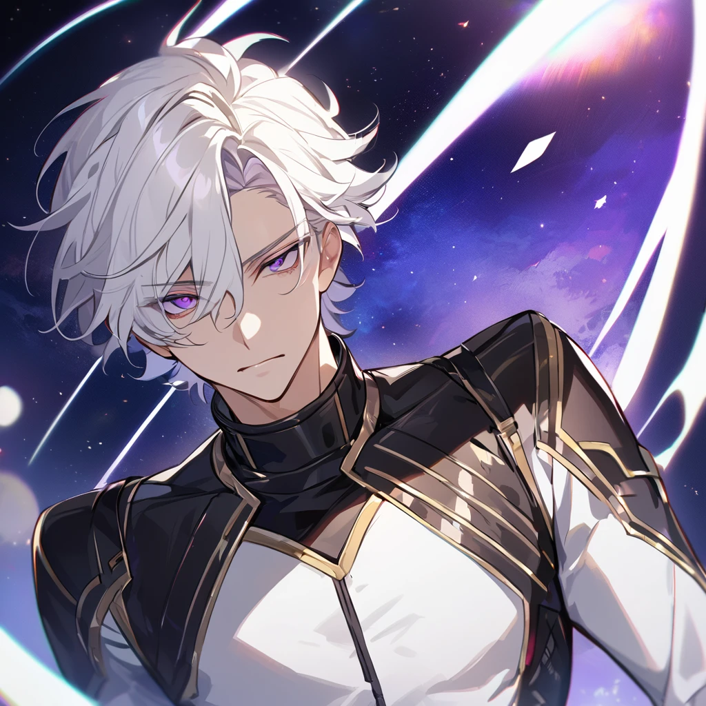 High quality, HD, 4k, no shadows, handsome male, 1male, 17 years old, teenager, golden lining, short white hair, sharp eyes, dark purple eyes, deep purple eyes, devil may cry, close up, calm expression, stoic expression, black leather clothes, white leather clothing, lean body, well trained body, upper body, looking at viewer, cowboy shot, white solar, space background