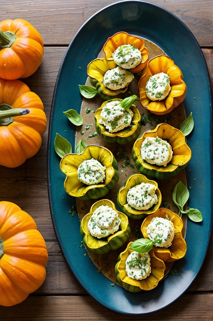 Stuffed Squash Blossoms: Delicate squash blossoms filled with ricotta cheese and herbs, lightly battered and fried, often served with a tomato coulis or basil pesto