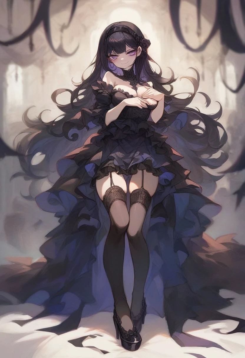 (masterpiece),(score_9,score_8_up,score_7_up),best quality, expressive eyes, perfect face, natural lighting, blurred background, 1girl, (purple eyes, swirly eyes), ((black hair, smooth hair, long hair)), (medium breasts, wide thighs, slim waist), (black hairband, black off shoulder frilled dress, thigh-highs, garter straps, high heels, gothic makeup), ([blush], smirk, smug face, tease), (full body, front view, leaning front, hand over breasts, seductive pose), (messy bedroom background)