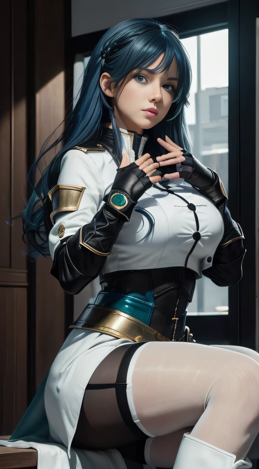 a woman with athletic body, thick thighs, sitting with legs spread, blue hair, wearing black and white military uniform, detailed vulva, (best quality,4k,8k,highres,masterpiece:1.2),ultra-detailed,(realistic,photorealistic,photo-realistic:1.37),HDR,UHD,studio lighting,ultra-fine painting,sharp focus,physically-based rendering,extreme detail description,professional,vivid colors,bokeh,adult content