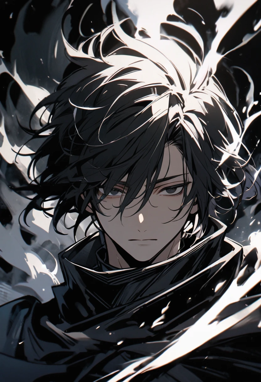 Man, short hair, black hair, black eyes, glowings eyes, black aura, white aura, handsome, high quality,