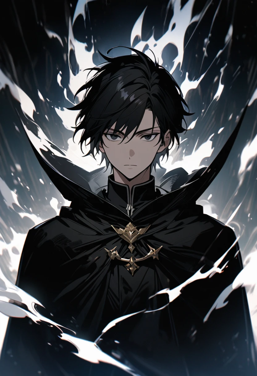 male, solo, handsome, black hair, black eyes, black cloak, white aura, main face, front face