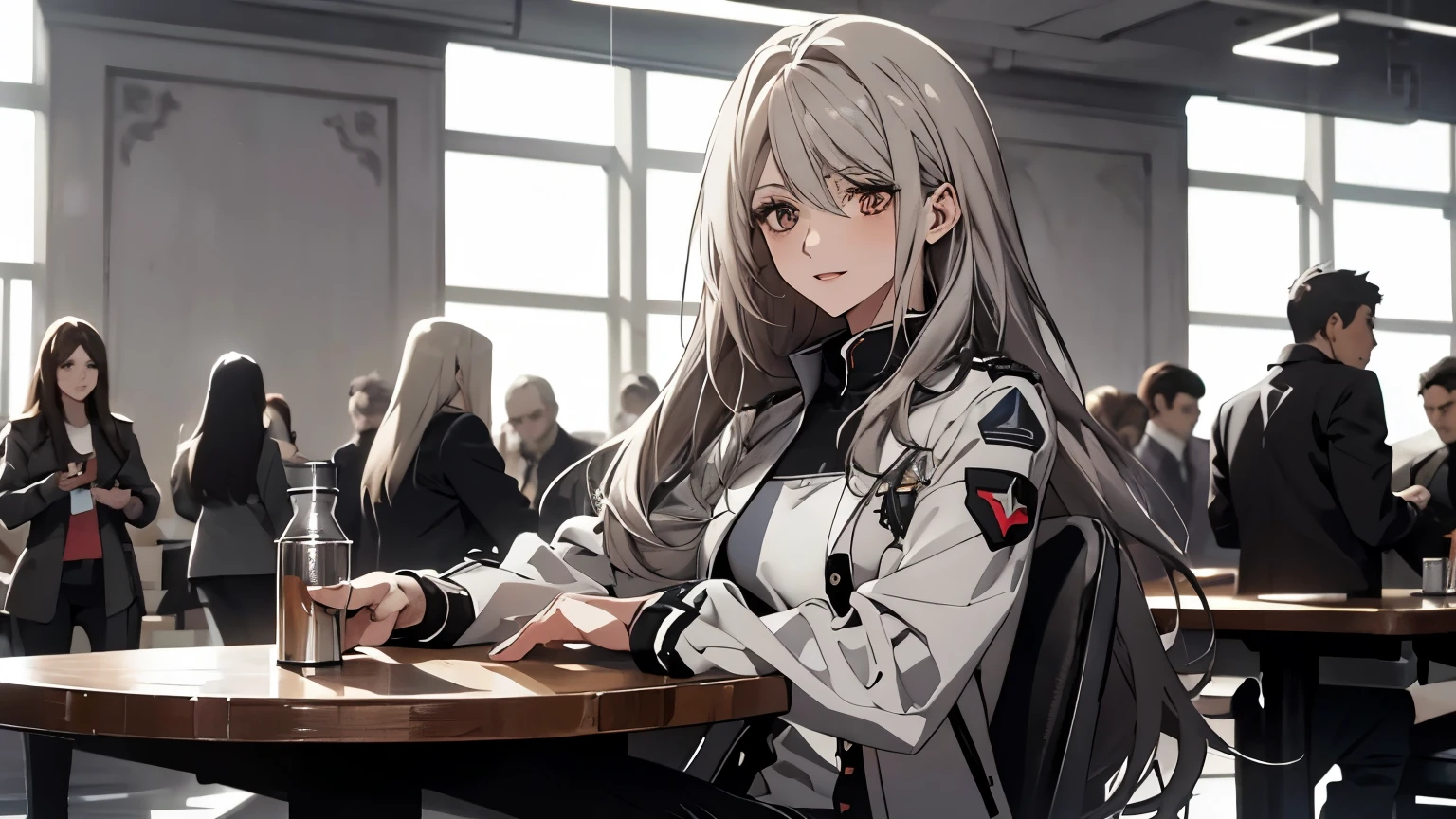 (Confused, High resolution, Very detailed), 1 female, Silver Hair,Long Hair,Reddish brown eyes,White and black pilot suit,skinny pants,24th generation,beauty,mature,thin,quiet,Calm,sit cross-legged at a table in a conference room,Busy,seems to be happy,White long coat,