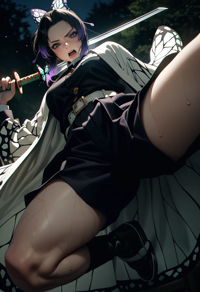 k0ch0ush1n0bu, shinobu kochou, animal print, black hair, butterfly, butterfly hair ornament, butterfly print, forehead, gradient hair, hair ornament, haori, multicolored hair, parted bangs, purple hair, short hair, two-tone hair,belt, black pants, butterfly print, coat, demon slayer uniform, haori, japanese clothes, pants, uniform,,1 japanese muscular girl,perfect hands, perfect finger,perfect anatomy, masterpiece, best quality,realistic, hyperrealistic, 16k hdr,medium breasts,outdoor,night,japanese old garden,,sweat,embarrassment,red blush,dynamic pose,dynamic angle,(jump,in the air:1.2),(from below,spread legs:1.2),(holding japanese sword,butterfly shaped sword guard)