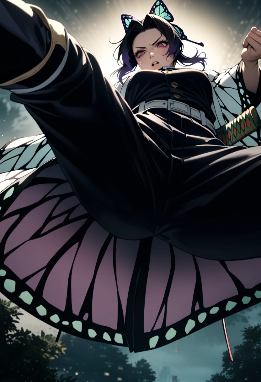 k0ch0ush1n0bu, shinobu kochou, animal print, black hair, butterfly, butterfly hair ornament, butterfly print, forehead, gradient hair, hair ornament, haori, multicolored hair, parted bangs, purple hair, short hair, two-tone hair,belt, black pants, butterfly print, coat, demon slayer uniform, haori, japanese clothes, pants, uniform,,1  japanese muscular girl,perfect hands, perfect finger,perfect anatomy, masterpiece, best quality,realistic, hyperrealistic, 16k hdr,medium breasts,outdoor,night,japanese old garden,,sweat,(angry:0.8),red blush,dynamic pose,dynamic angle,(jump,in the air:1.2),(from below,spread legs:1.2),(holding japanese sword,butterfly shaped sword guard) 