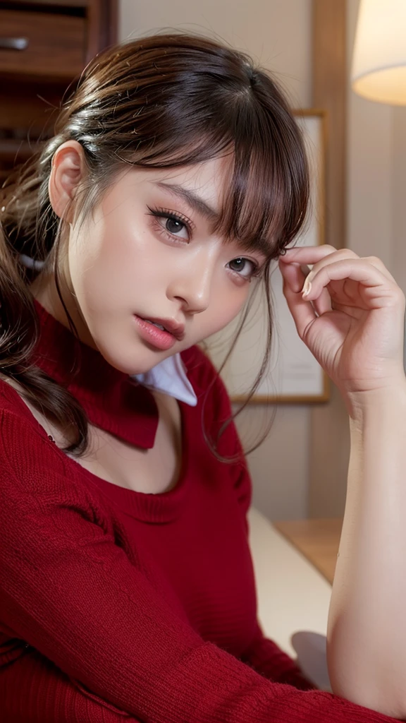 ((shoot from front)), ((arms behind head)), masterpiece, Best Quality, Illustration, Ultra-detailed, finely detail, high resolution, 8K Wallpaper, Perfect dynamic composition, Beautiful detailed eyes, Natural Lip, red knitted dress , Big breasts, cleavage, looking down:1.2, sitting on chair, desk working, wearing business suit, (sad), (in the office), Japanese beauty girl, 20 years old,