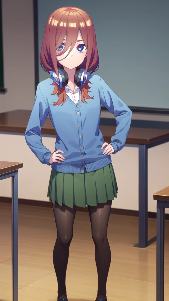 mikunakano, miku nakano, long hair, bangs, blue eyes, brown hair, shirt, hair between eyes, headphones, cardigan, headphones around neck,
BREAK skirt, shirt, long sleeves, white shirt, pantyhose, pleated skirt, black pantyhose, cardigan, green skirt, blue cardigan,
BREAK indoors, classroom,
BREAK looking at viewer,
BREAK (masterpiece:1.2), best quality, high resolution, unity 8k wallpaper, (illustration:0.8), (beautiful detailed eyes:1.6), extremely detailed face, perfect lighting, extremely detailed CG, (perfect hands, perfect anatomy), full body, standing, hand on hip