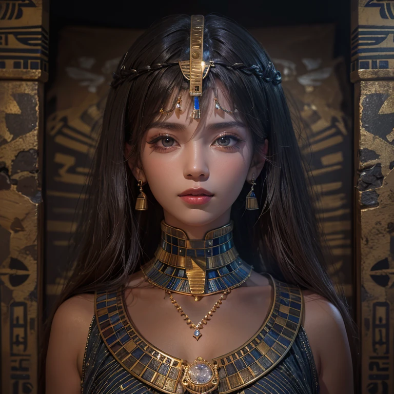 Standing in an ancient Egyptian cave、Blowing hair 、 ((Highest quality、masterpiece、8K、Best image quality、Ultra-high resolution、Award-winning works)、(Accurate anatomy:1.1)、(Look at me and smile:1.0)、Shining fair skin with Ultra-high resolution、The most detailed face、Ultra-high resolution detailed face、Ultra-high resolutionの髪の毛、(Ultra-high resolution eye:1.1)、Beautiful face drawn in every detail、Ancient Egyptian costumes, Chest to chest,  Dark atmosphere,Dark Light, Ancient Egyptian makeup, 