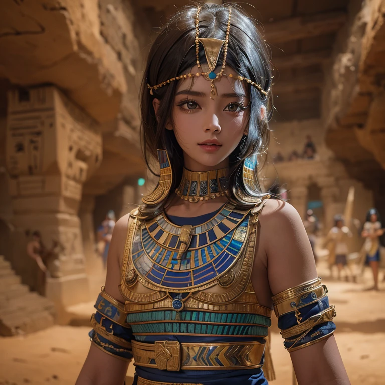 Standing in an ancient Egyptian cave、Blowing hair 、 ((Highest quality、masterpiece、8K、Best image quality、Ultra-high resolution、Award-winning works)、(Accurate anatomy:1.1)、(Look at me and smile:1.0)、Shining fair skin with Ultra-high resolution、The most detailed face、Ultra-high resolution detailed face、Ultra-high resolutionの髪の毛、(Ultra-high resolution eye:1.1)、Beautiful face drawn in every detail、Ancient Egyptian costumes, Chest to chest,  Dark atmosphere,Dark Light, Ancient Egyptian makeup, 