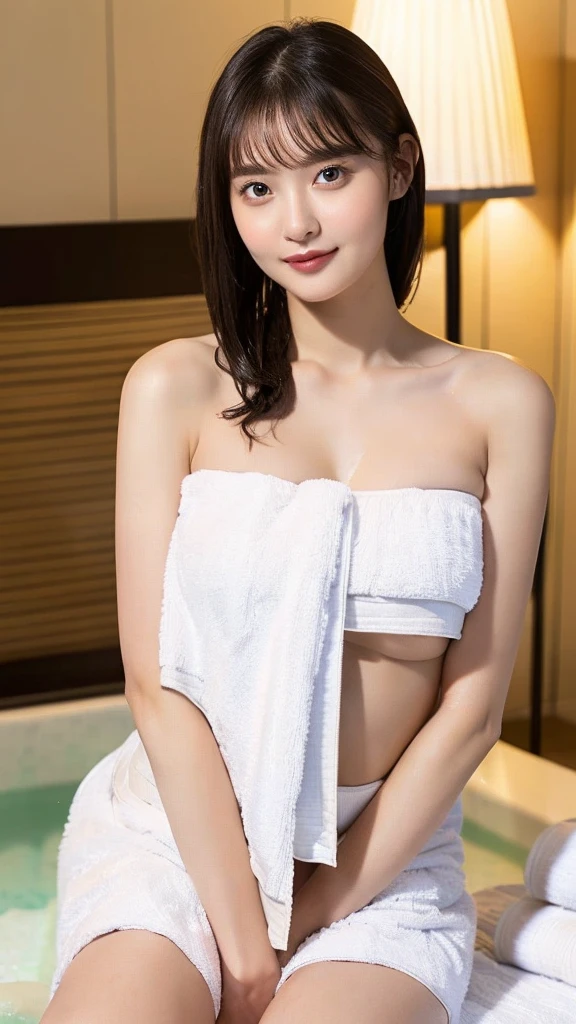 Smile、natta、Raw photography、(((Ultimate Beauty Portrait)))、((glistning skin))、1 girl、 beautiful girl in Prague、bright expression、((brown haired))、(cleavage of the breast)、((Big eyes that shine like jewels))、(strapless cropped tops:1.35), (strapless:1.25), (underboob:1.55), (bare shoulders:1.25)、Glossy glossy skin、(Medium Hair)、(Silky Ponytail Hair)、(is standing)、(frombelow)、Under the skirt、(Close-up of underwear from below)、eye liner、Beautiful bangs、Hair between the eyes、((​masterpiece、top-quality、Ultra-detail、Film Light、intricate-detail、hight resolution、ighly detailed))、(pure white naked bathtowel,sitting on the bed with night view、hotel suite、night view:1.55)