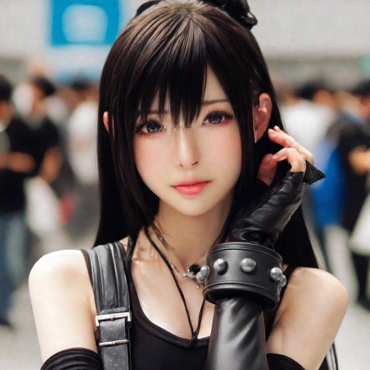 There is a woman wearing a black top and gloves., Anime Girls Cosplay, Tifa lockheart, Tifa, Tifa lockhart, Anime Girls in real life, anime Cosplay, seductive Tifa lockhart portrait, glamorous Tifa lockheart, portrait of Tifa lockhart, Tifa lockhart portrait, attractive Anime Girls, Perfect android girl, Cosplayer, Cosplay, Anime Girls
