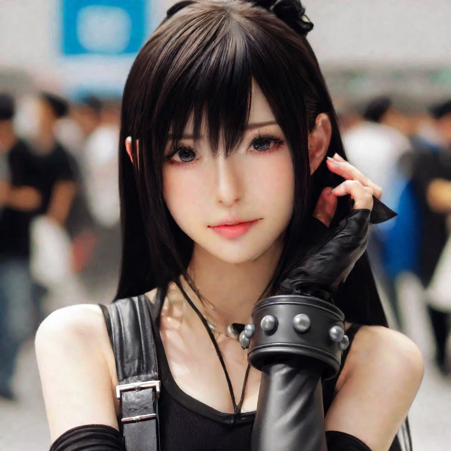 There is a woman wearing a black top and gloves., Anime Girls Cosplay, Tifa lockheart, Tifa, Tifa lockhart, Anime Girls in real life, anime Cosplay, seductive Tifa lockhart portrait, glamorous Tifa lockheart, portrait of Tifa lockhart, Tifa lockhart portrait, attractive Anime Girls, Perfect android girl, Cosplayer, Cosplay, Anime Girls