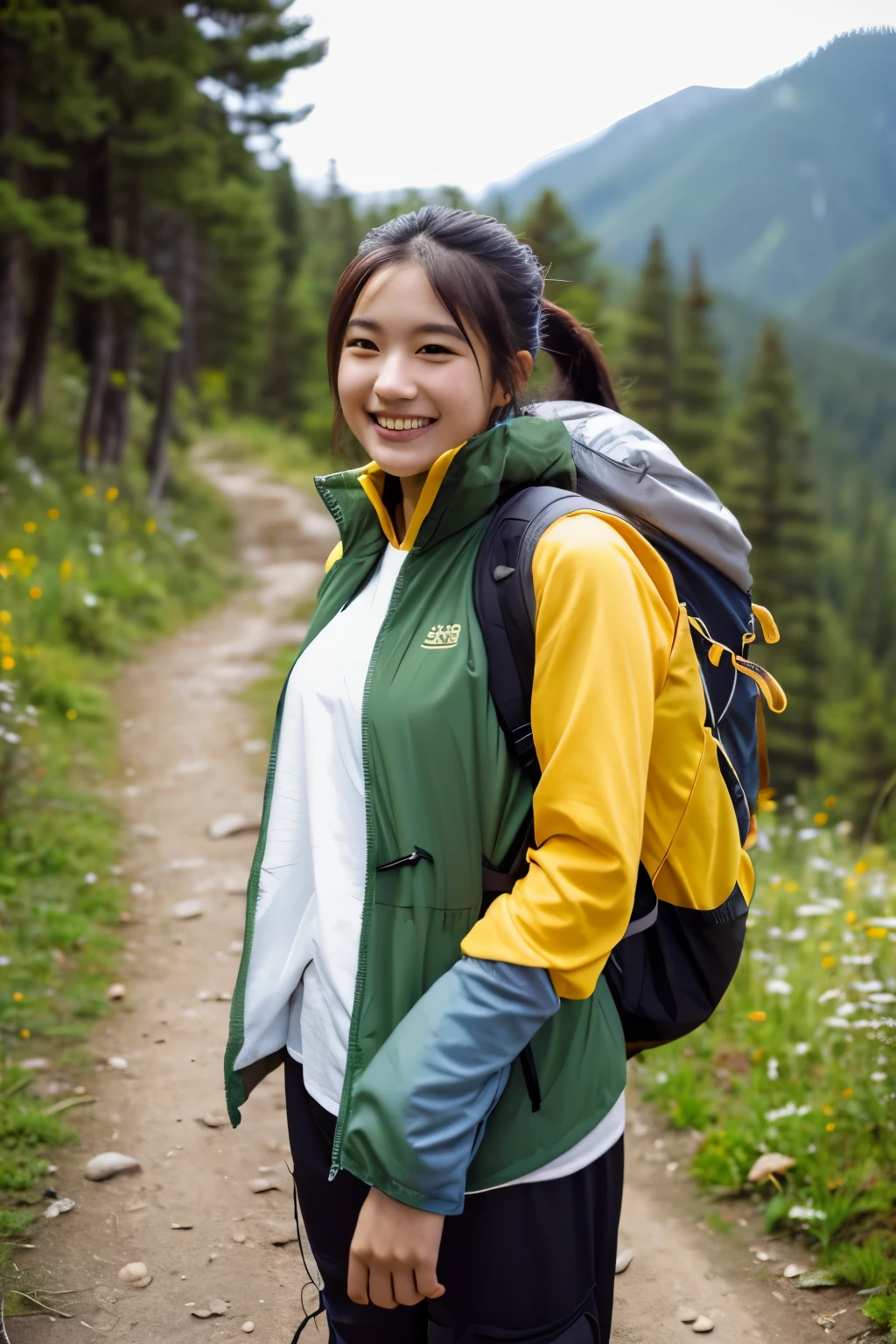 20-year-old, Long sleeve mid-weight base layer for outdoor use, Sleeveless summer jacket, Wear outer shorts over your base layer long pants.、Hiker woman with backpack, Smiling while taking a break on the mountain path, 山道でWith a backpack微笑む女性, hiking clothes, Dressed in adventuring gear, With a backpack, Girl standing on top of mountain, Mountain Tree々Solo hiking in, Portrait Shot, hiking in rocky mountain, girl walking on mountain, Upper Body, Portrait Shot, Mid-range close-up shot, Shrapnel, Profile shot