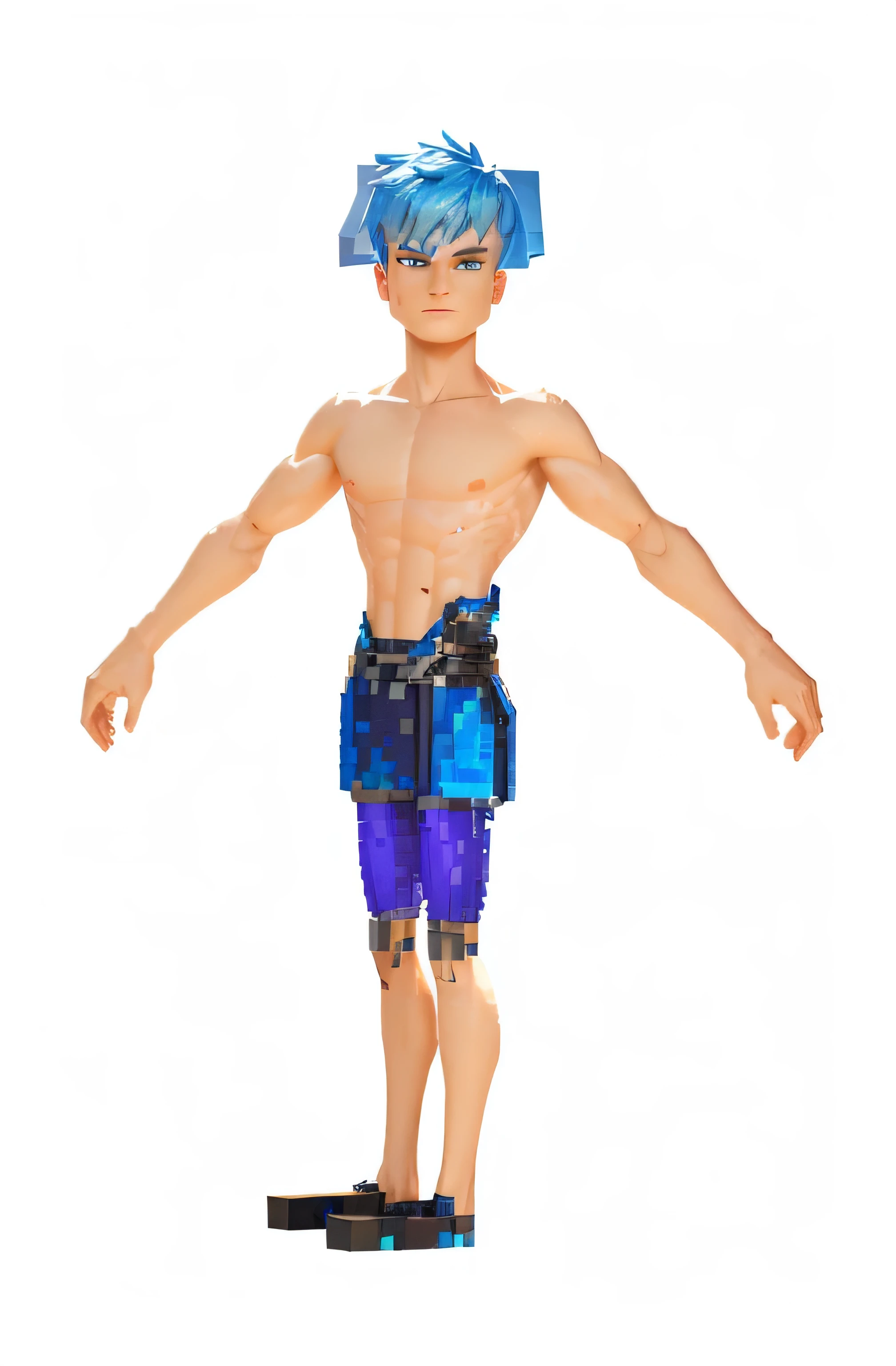 Realistic full length image muscular white boy shirtless red hair freckles barefoot wearing very tight light blue bulging speedo black leather belt with diamond shaped glowing sparking belt buckle pulled tight around waist flexing muscles.
