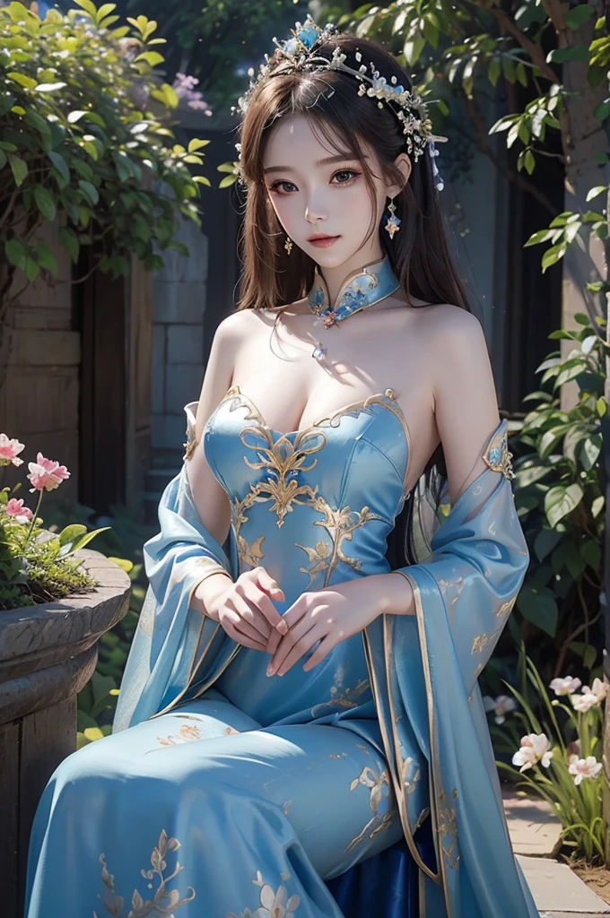 painting of a woman in a blue dress standing in a garden, fantasy art style, ethereal fantasy, a beautiful fantasy empress, beautiful fantasy art, ((a beautiful fantasy empress)), fantasy beautiful, beautiful fantasy maiden, ethereal beauty, palace ， a girl in hanfu, vibrant fantasy style, digital fantasy art ), xianxia fantasy, fantasy dress, ethereal fairytale