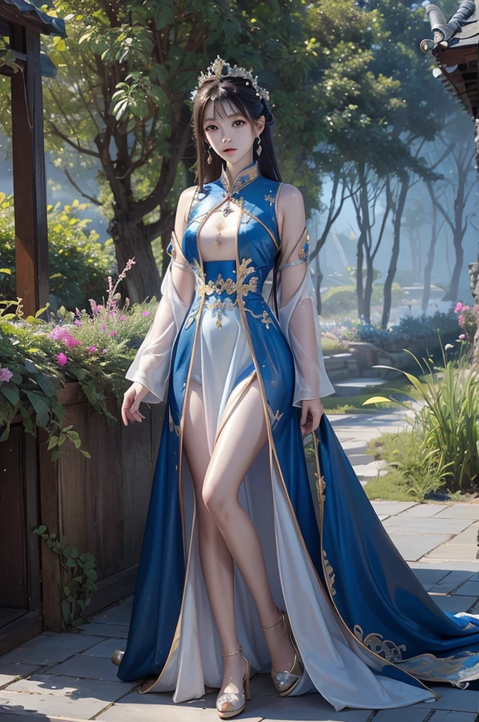 painting of a woman in a blue dress standing in a garden, a fine art painting by Chen Lin, trending on cg society, fantasy art, fantasy art style, ethereal fantasy, a beautiful fantasy empress, beautiful fantasy art, ((a beautiful fantasy empress)), fantasy beautiful, beautiful fantasy maiden, ethereal beauty, palace ， a girl in hanfu, vibrant fantasy style