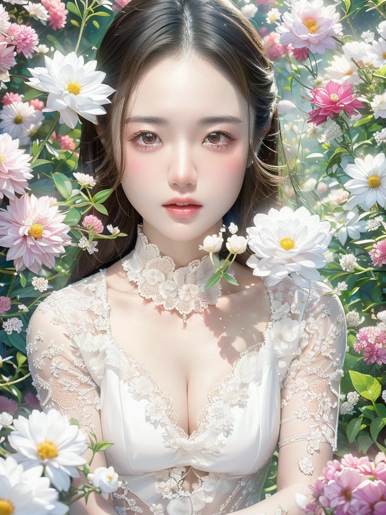 Realistic photos (one cute korean actress) Straight long hair, light makeup, (((Transparent white skin 1.5)))Medium chest,, close, Canon EOS 8K high resolution captures facial features clearly, Sharp details, Realistically、White lace dress、Surrounded by countless flowers、