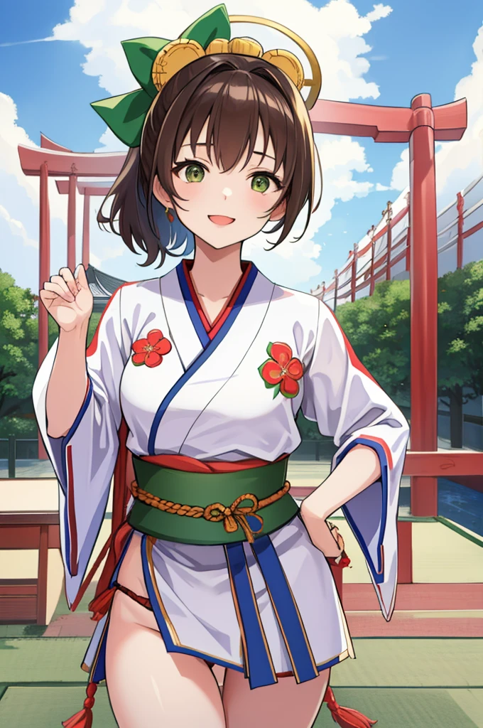 masterpiece、High resolution、Highest quality、1 girl、natsuiro matsuri、Festival Base、Brown Hair、High ponytail、Round green eyes、short hair、Headband、Bleaching、Loincloth、Blue Japanese traditional mikoshi costume、Open、smile、front、