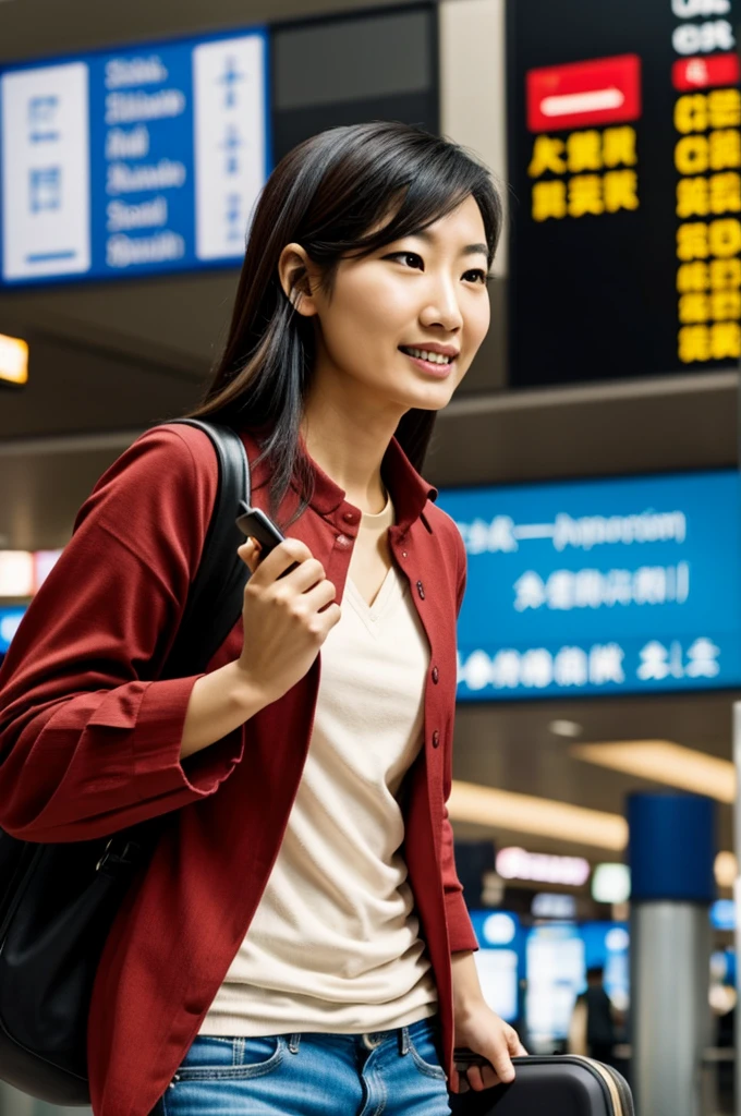 An oriental person talking on a cell phone in an airport