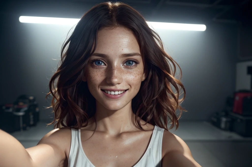 analog style, model shoot style, ((upper body:1.4)) (selfie:1.5) of a ((:1.5, white dress)), (1girl, young girl), (redhead girl, freckles, long hair), ((smile, beautiful face: 1.8, perfect face:1.5)), 
(shiny body, smile), ((pretty face: 1.7, perfect face:1.7)), (best quality:1.5, hyperrealistic:1.5, photorealistic:1.4, Madly detailed CG unity 8k wallpaper:1.5, masterpiece:1.3, Madly detailed photo:1.2), 
(hyper-realistic lifelike texture:1.4, realistic eyes:1.2), (octane render, unreal engine 5), (ecstasy of light and shadow:1.5, deep shadow:1.5), (sony a7, 50 mm, film grain:1.5, 4K UHD HDR), 
(photo by lee jeffries, Greg Rutkowski and Magali Villanueva)
