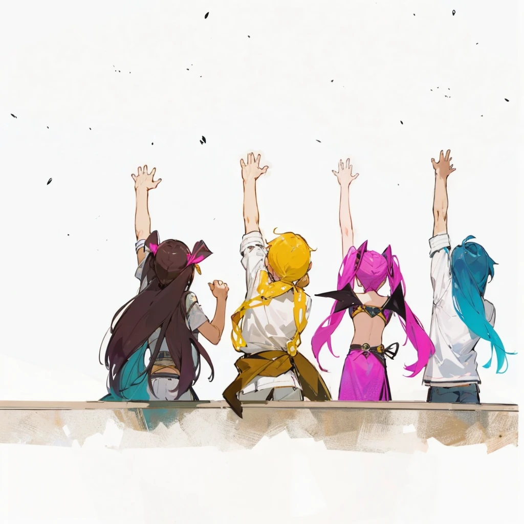 anime painting Back view fellow Raise your arms cool Departure pirate men and women Background white