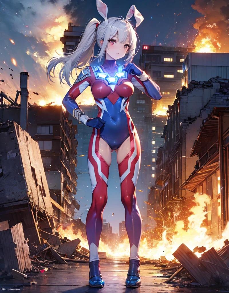Realistic,Highest quality, Ultra Detail, High-quality CG rendering, The most delicate and beautiful, Floating softly, High resolution, (1 giant girl), (Highest quality,4K,8K,masterpiece:1.2), Light purple hair,(Bunny ears:1.5),(Very long ponytail:1.5),Red eyes,(Ultra Girl:1.0),(All blue Ultraman bodysuit:1.5),(All blue gloves:1.5),(All blue shoes:1.5),(Do not expose your skin:1.4),(Slightly larger breasts:1.5),(Clenched Fist:1.2),(Place your hands in front of your chest:1.3),(whole body:1.3),(Are standing:1.3),(A city engulfed in flames:1.3),(Buildings in flames:1.3),(Burning Ruins:1.3),(Fighting Pose:1.3),(Turn your back to your audience:1.3),Butt