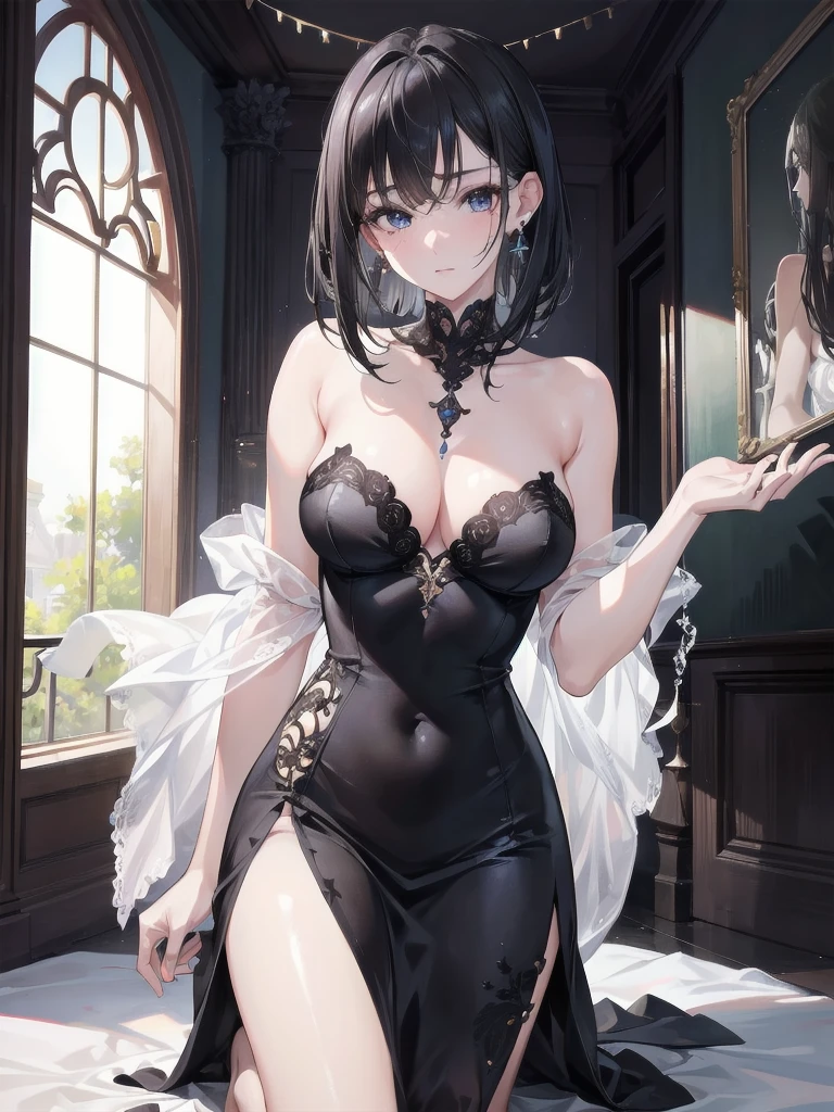 absurdres, RAW photo, extremely delicate and beautiful, masterpiece, Best Quality, ultra high resolution, 32k, hyperrealistic, ultra-detailed, in her 20s, delicate facial features, tearful mole, earring, medium breasts, full body shot, shorter middle hair, black hair, strapless, dress,